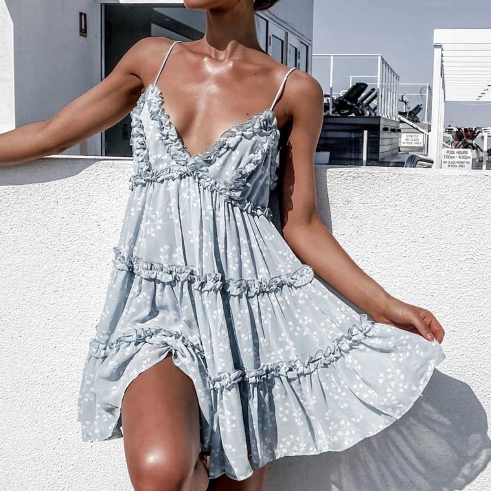 Boho floral print cami v neck ruffle tiered dress - Picture 1 of 16